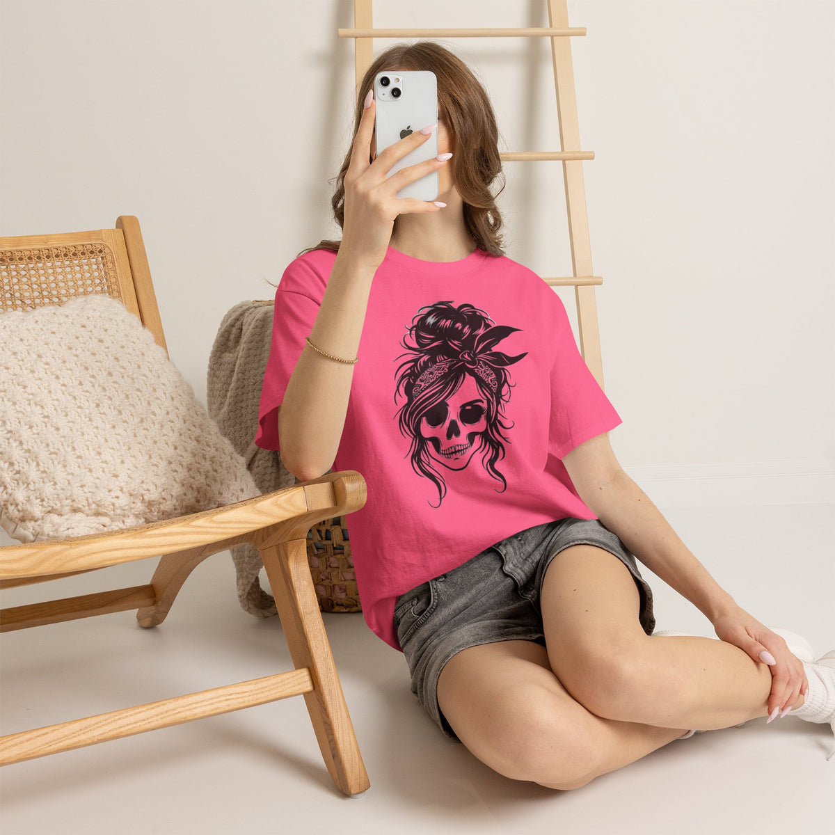 Messy Bun Skull Girl Graphic Tee