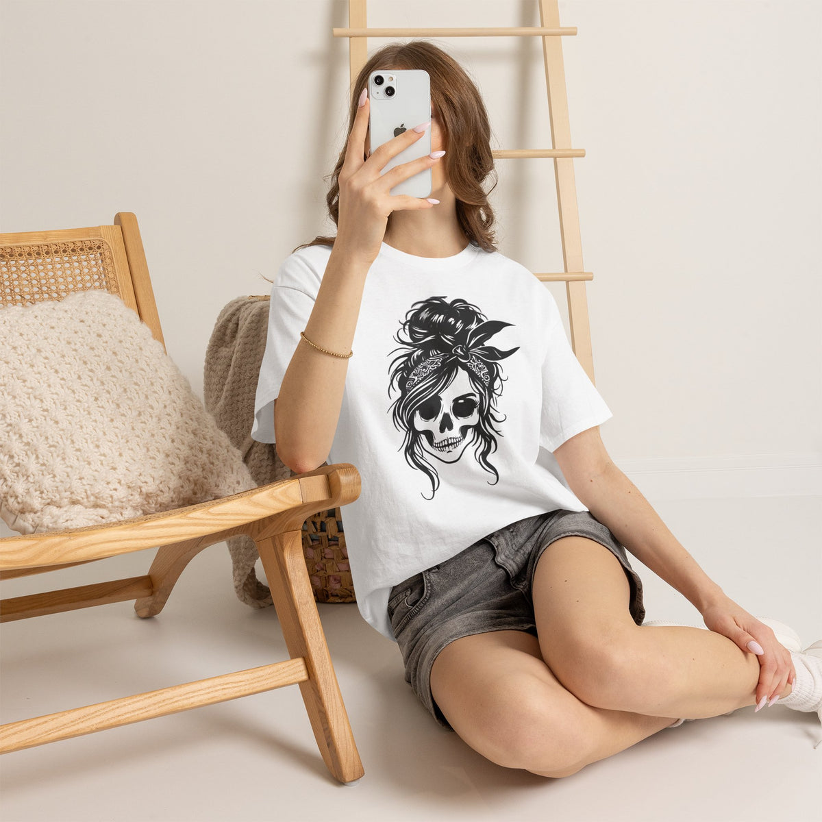 Messy Bun Skull Girl Graphic Tee
